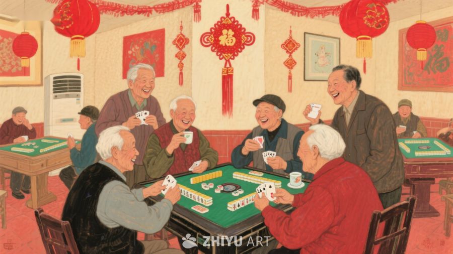 老友相聚麻将桌，欢声笑语迎新春 642