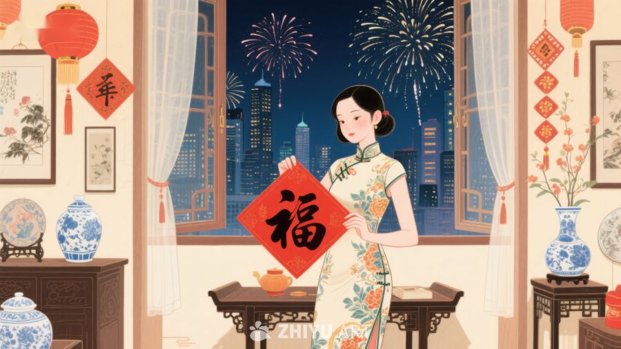 女子手持福字，窗外烟花绽放迎新春 723