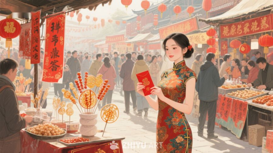 热闹春节市场，女子手持红包 772