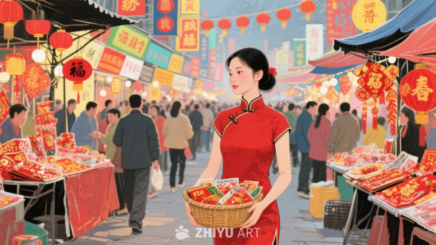 热闹春节市场，女子手提糖果篮 773