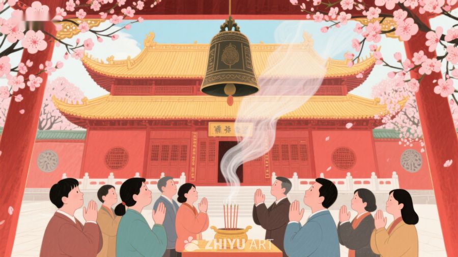 寺庙前众人祈福，钟声悠扬 837