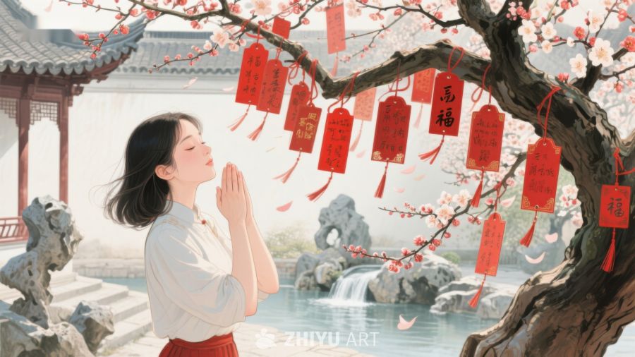 庭院祈福：女子在樱花树下双手合十 851