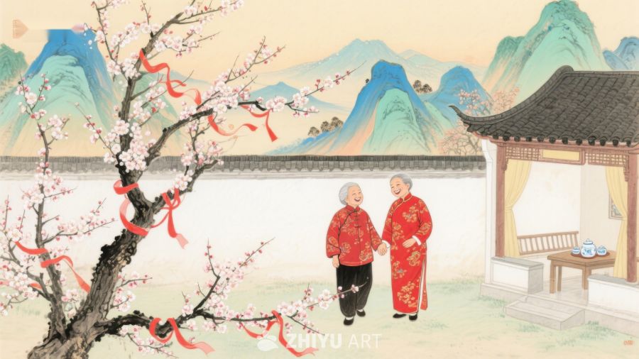 庭院中赏梅的老人 859