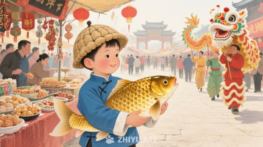 童子手捧金鱼，街头热闹舞龙 872