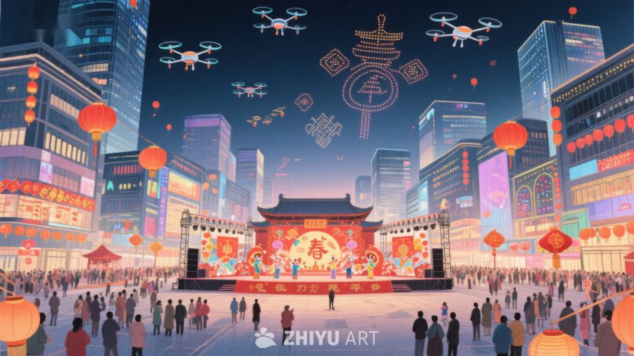 未来都市夜景中的传统节日庆典 885