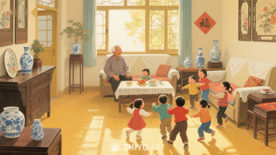 温馨家庭聚会，老人与孩子们共享欢乐时光 905