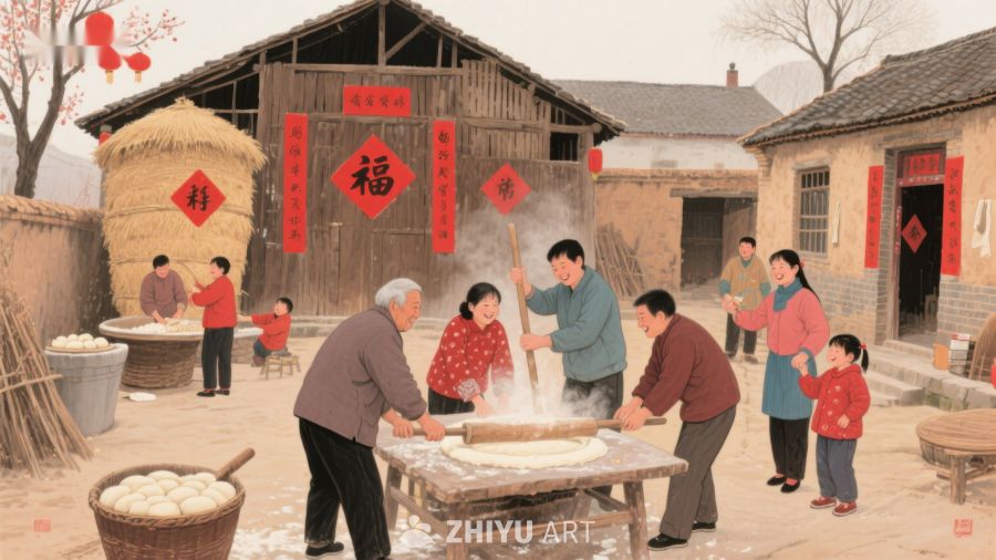 乡村家庭欢庆节日，共同制作美食 945