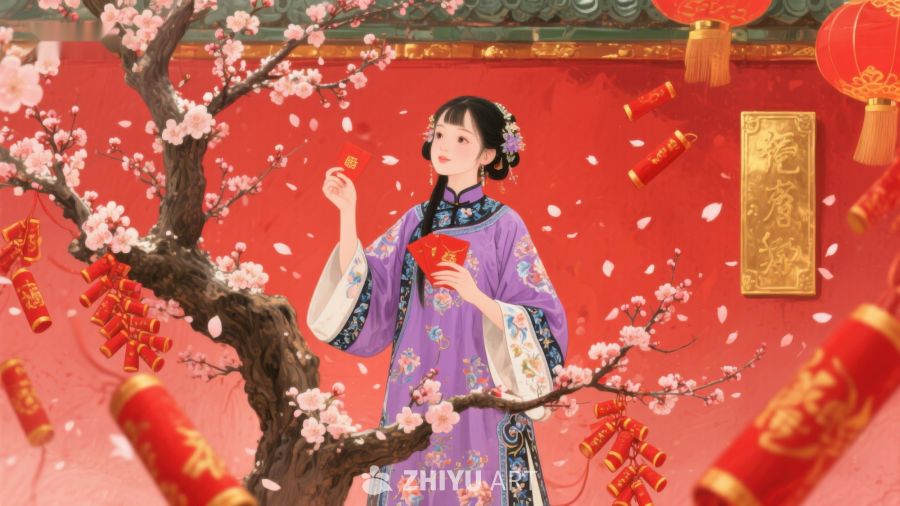 新春佳节，女子手持红包与烟花 1019