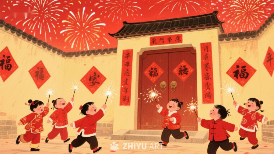 新年庆祝：孩子们在门前放鞭炮 1058
