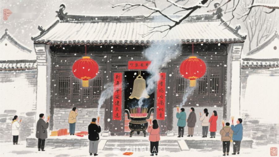雪中祈福：传统庙宇前的祭祀场景 1139