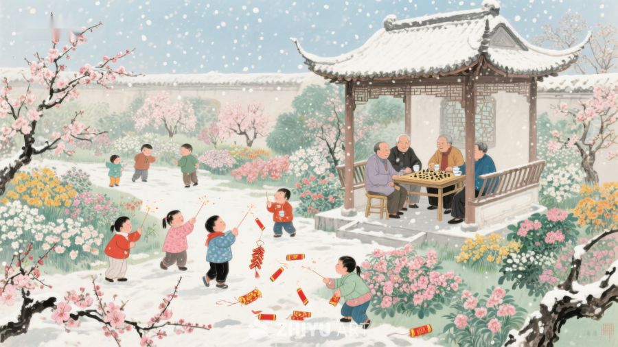 雪中庭院：孩童嬉戏与老人对弈 1155