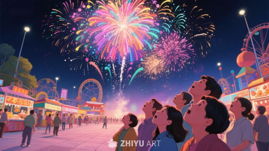 夜空下的烟花与欢庆人群 1205
