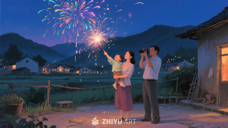 夜空烟花下的一家三口 1218