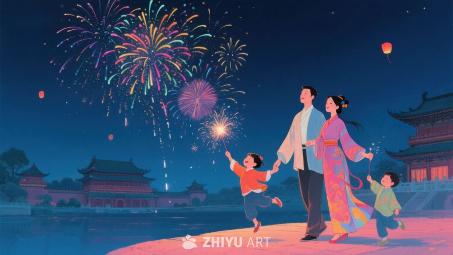 夜空烟花下的一家四口 1219