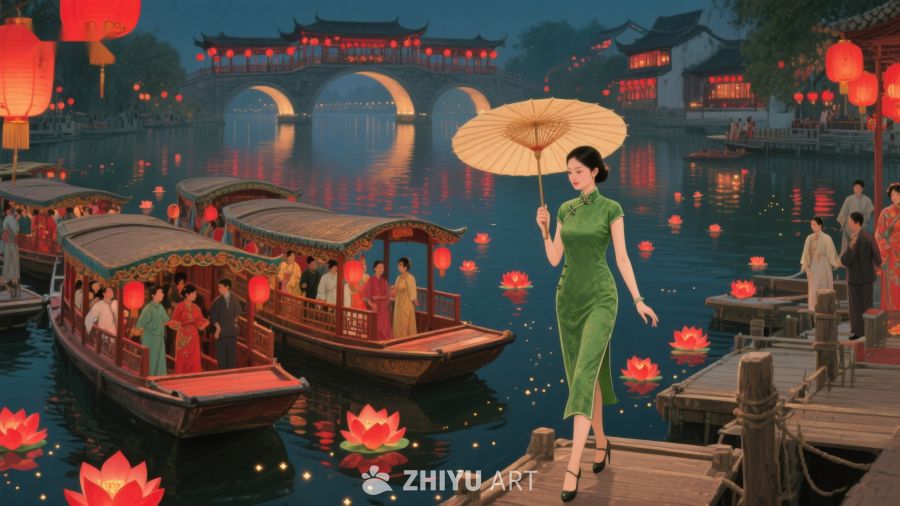 夜色水乡，女子撑伞漫步 1231