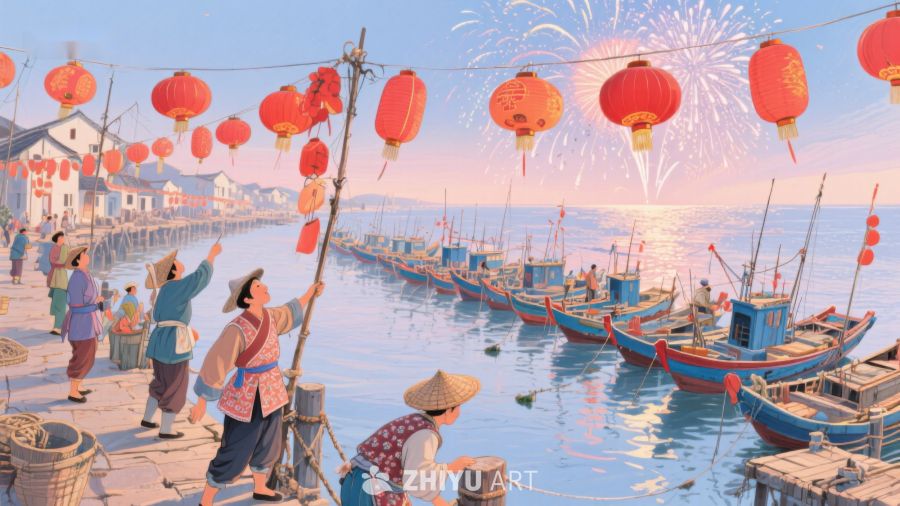 渔港夜景：灯笼与烟花映衬的繁忙码头 1252