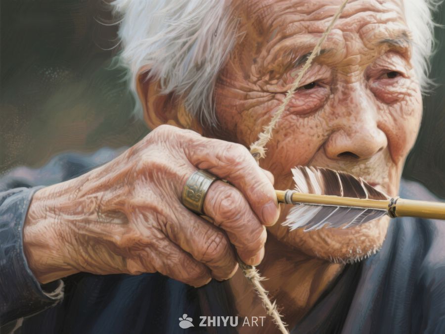老人吹奏竹笛，神情专注 375