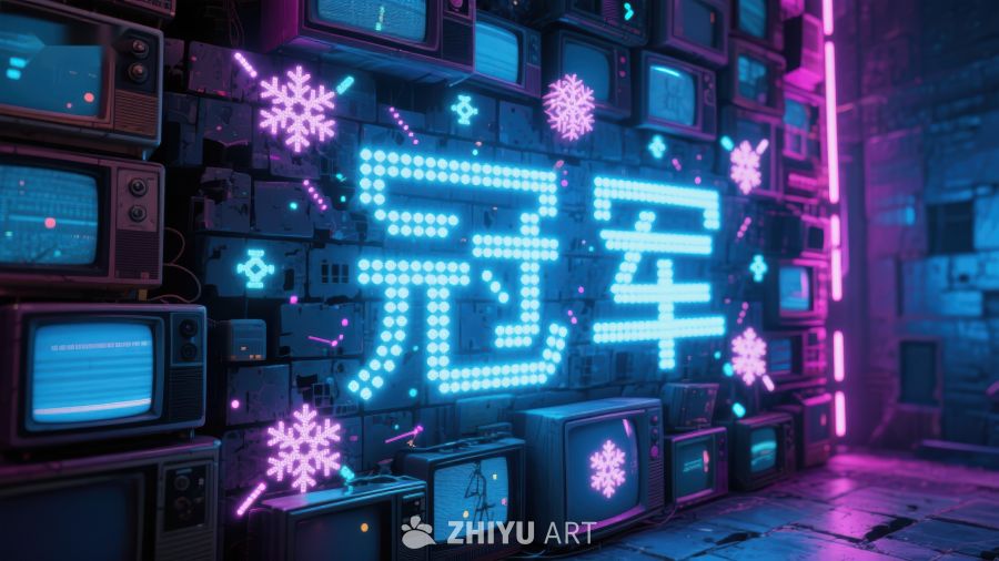 霓虹灯下的冠军字样与复古电视墙 323