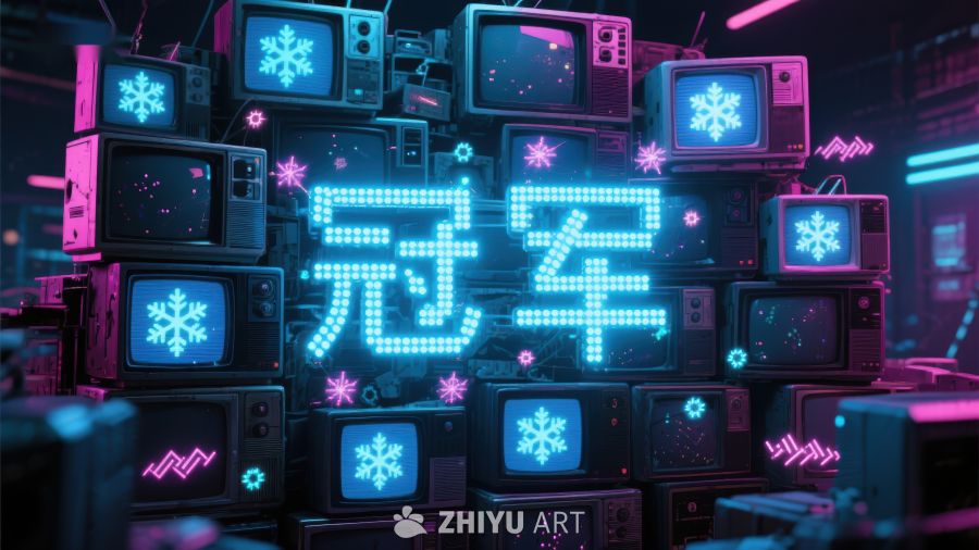 霓虹灯下的冠军字样与雪花图案 324