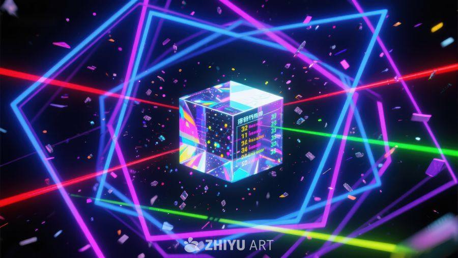 霓虹光束中的数字魔方 356