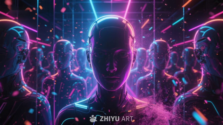 霓虹光影中的人形机器人 370