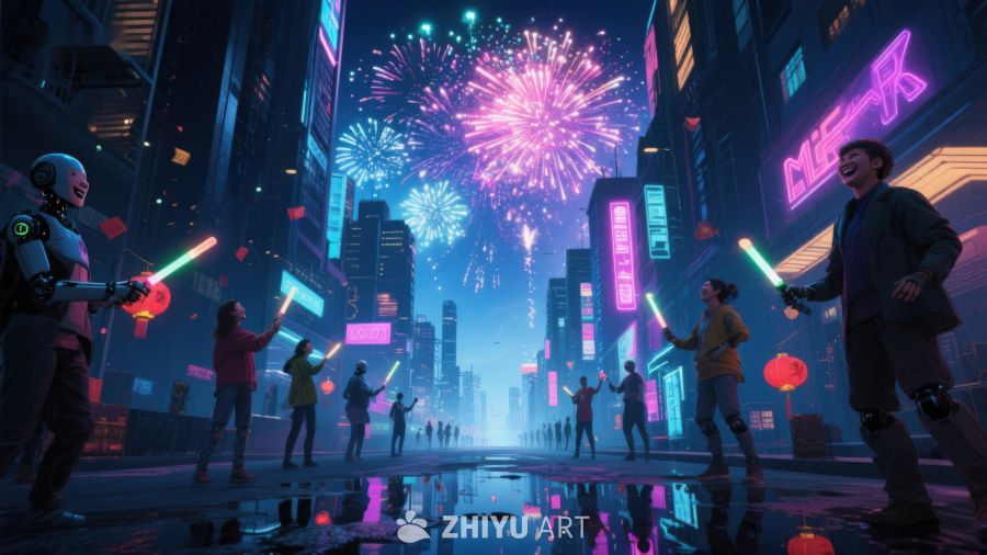未来都市夜景，烟花与机器人共庆 587