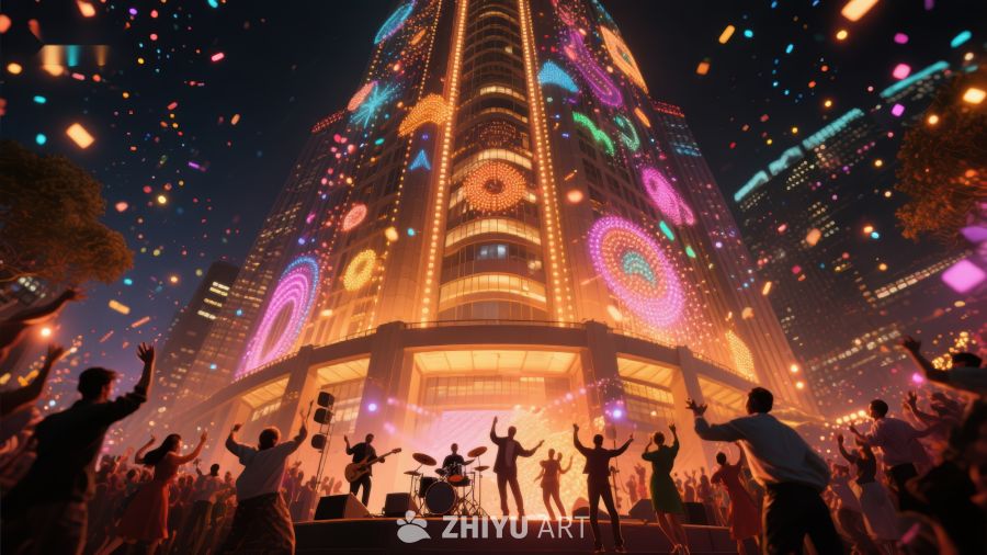 夜景高楼光影秀，人群欢庆共舞 864