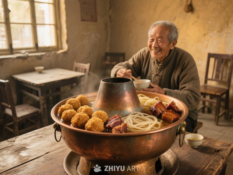 老人享用热气腾腾的火锅 353