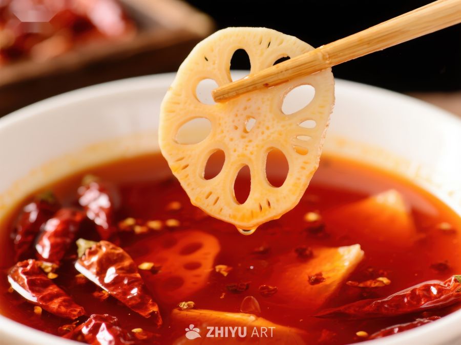 麻辣火锅中的莲藕片特写 393