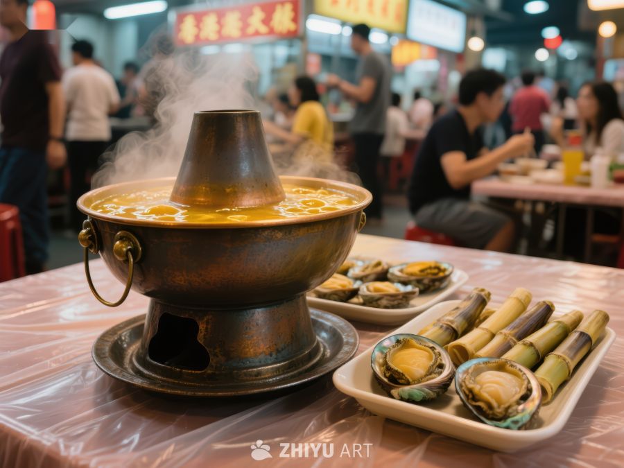 热气腾腾的火锅与海鲜摆盘 535