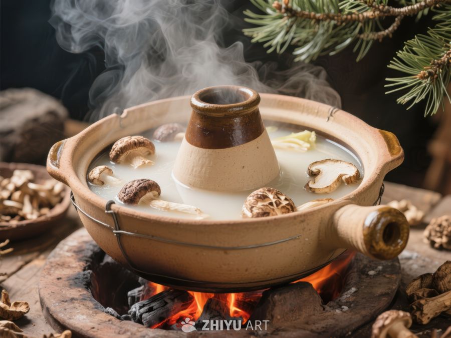 热气腾腾的火锅与松枝装饰 545