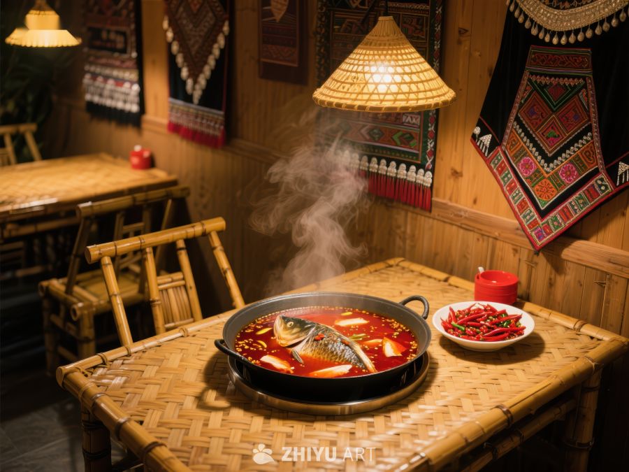 热气腾腾的火锅在竹编桌上 554