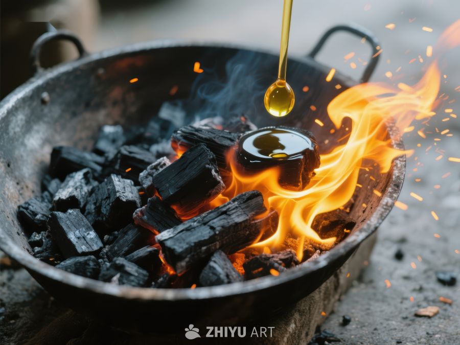 炭火燃烧，油滴激起火花 699