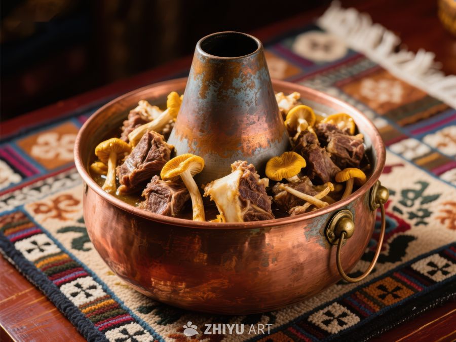 铜锅炖肉与蘑菇的美食特写 711