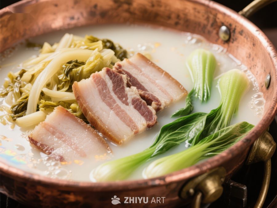 铜锅炖煮的肉片与青菜 718