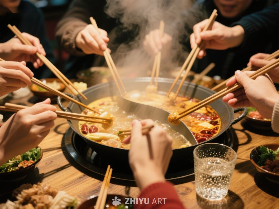 众人围桌享用热气腾腾火锅 877