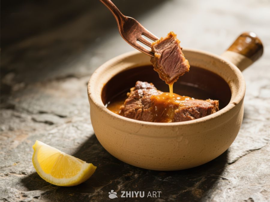 叉子夹起碗中炖肉，旁配柠檬 65