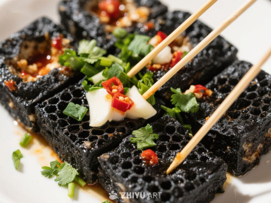 黑蜂窝豆腐配香菜与辣椒 297