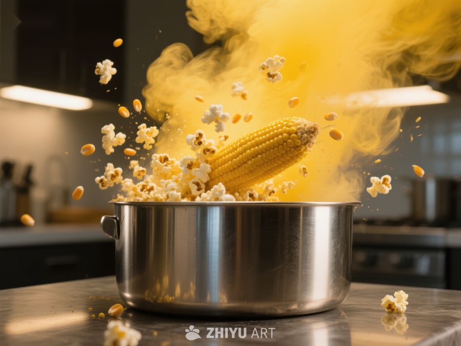 玉米爆裂瞬间，黄色烟雾四散 1354