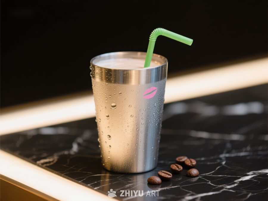 不锈钢杯配绿色吸管，旁有咖啡豆