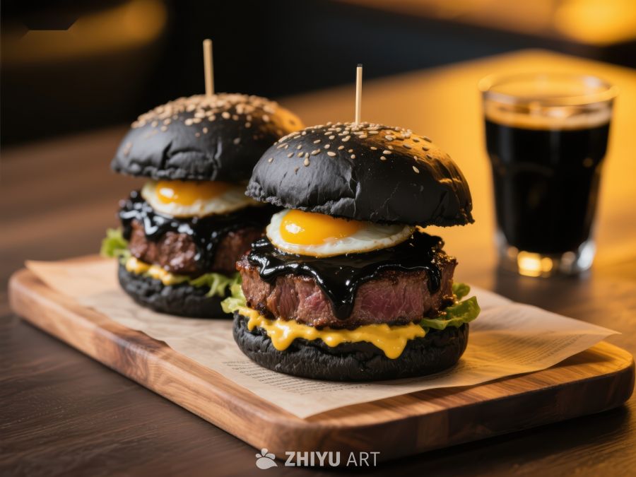 黑色汉堡配煎蛋和牛肉