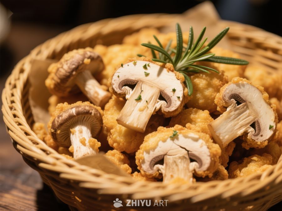 金黄酥脆的炸蘑菇配迷迭香
