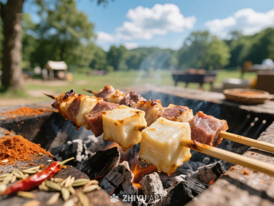 户外烧烤：肉串与奶酪在炭火上烤制