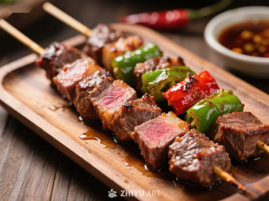 烤肉串配彩椒，美味诱人
