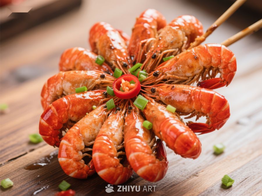 烤虾串摆盘，配以辣椒和葱花