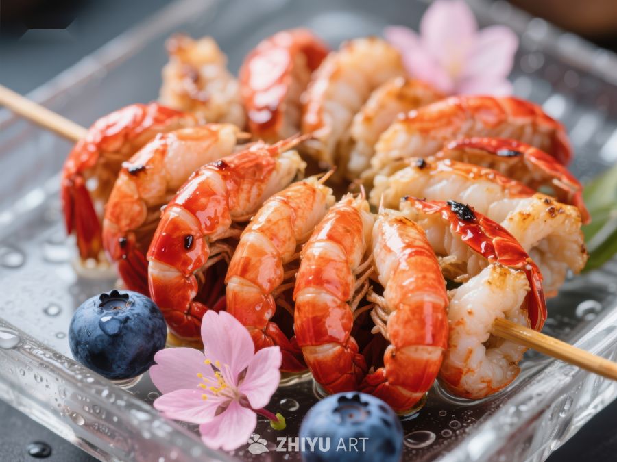 烤虾串配蓝莓与樱花装饰