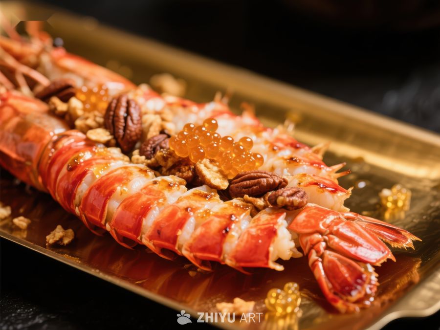 烤虾配坚果与鱼子酱