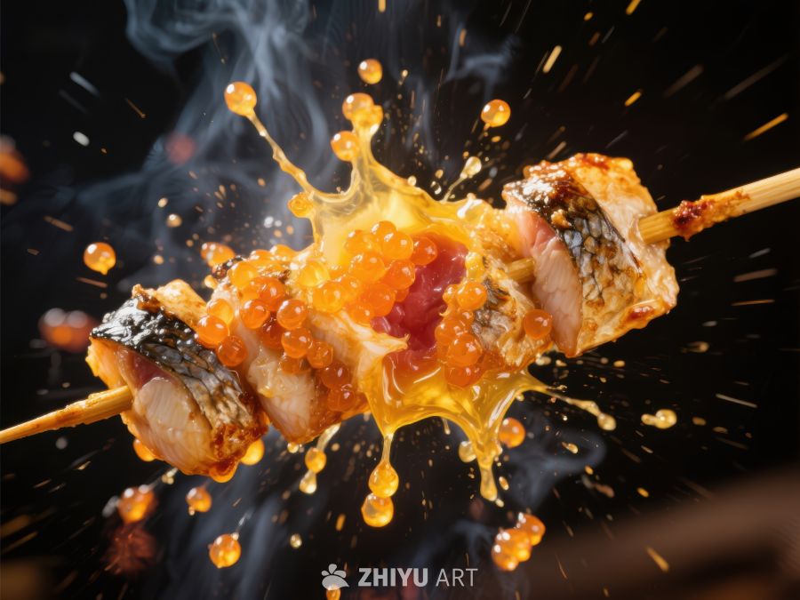 烤鱼串上的飞溅鱼子酱
