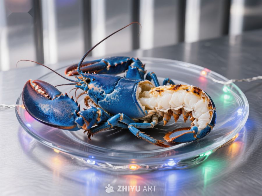盘中的蓝色龙虾与彩色灯光