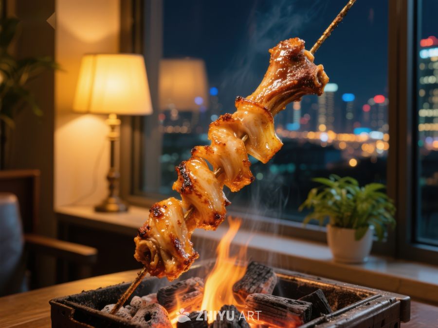 炭火烤串，夜景相伴